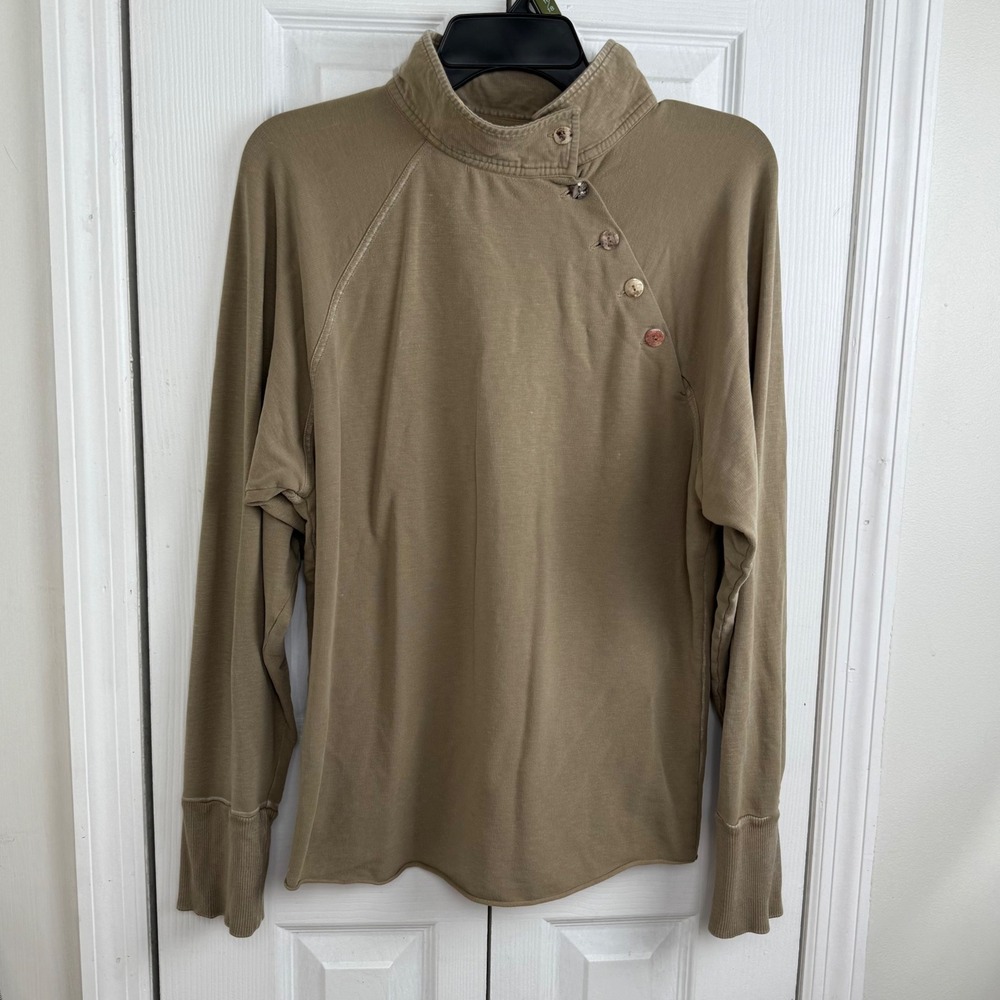 Free‎ People Button Neck Pullover M Tan Asymmetrical Boho Gorpcore Top